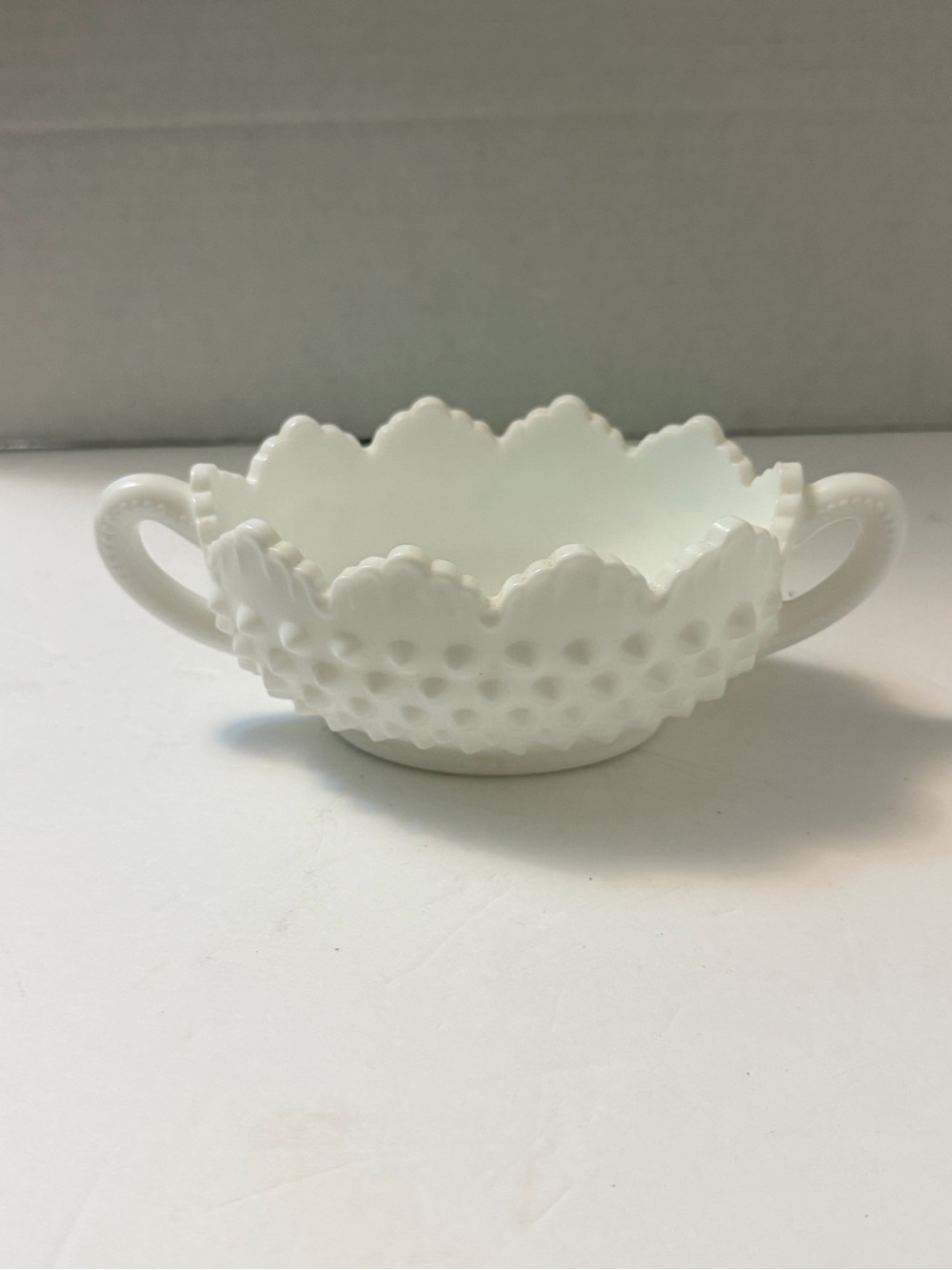 Vintage Fenton White Hobnail Two-Handled Candy Dish